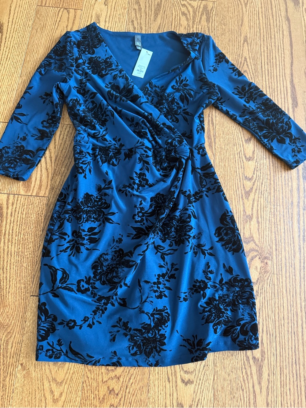 Francesca's Collections Blue Dress with Black Floral Velvet Print